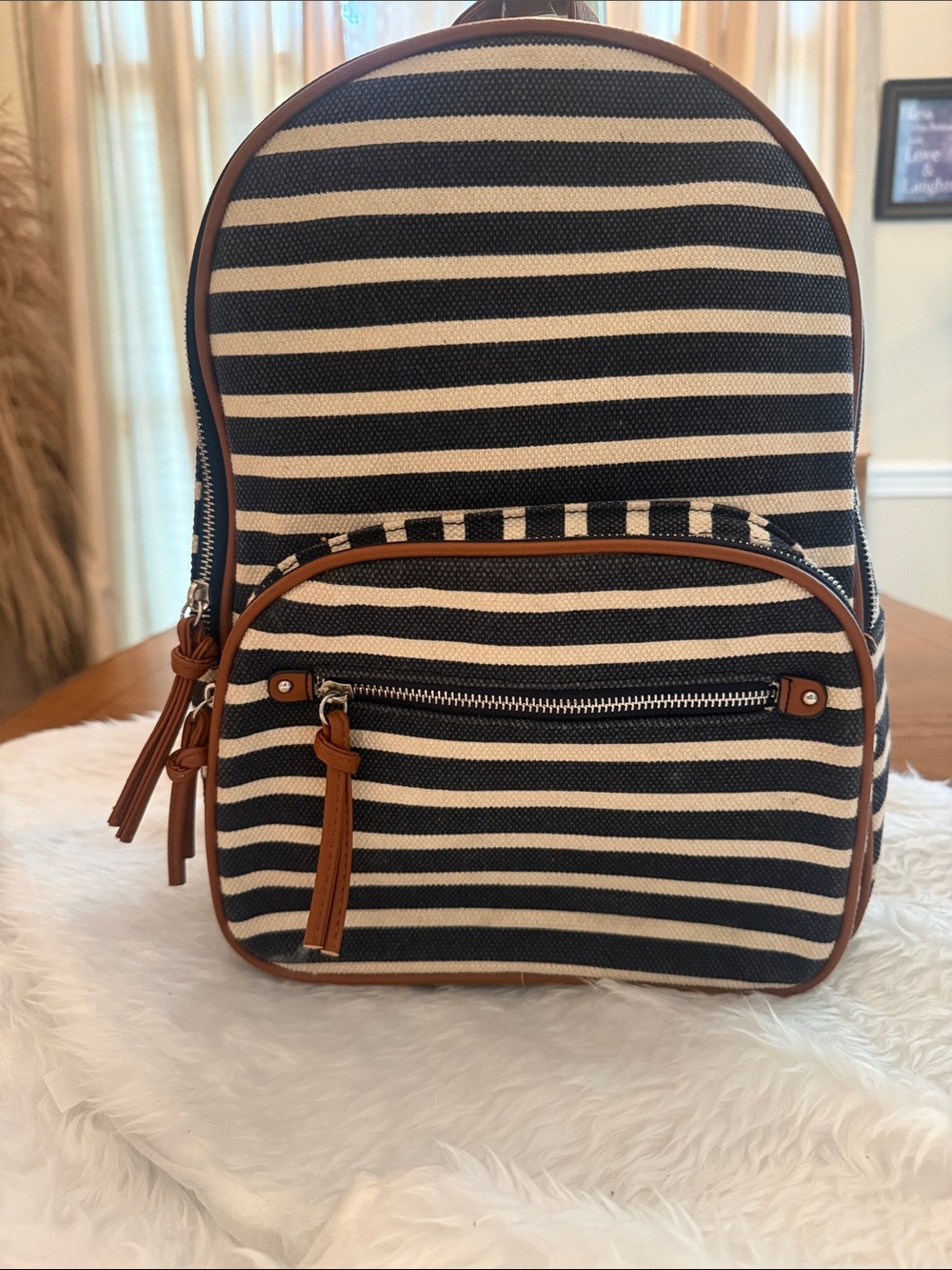 Striped Canvas Mini Backpack in Black and Cream with Brown Trim